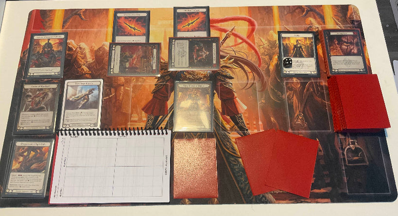 Challenger Edition Codex journal in use on a Flesh and Blood table setup, showcasing life tracking layout in horizontal position for space efficiency.