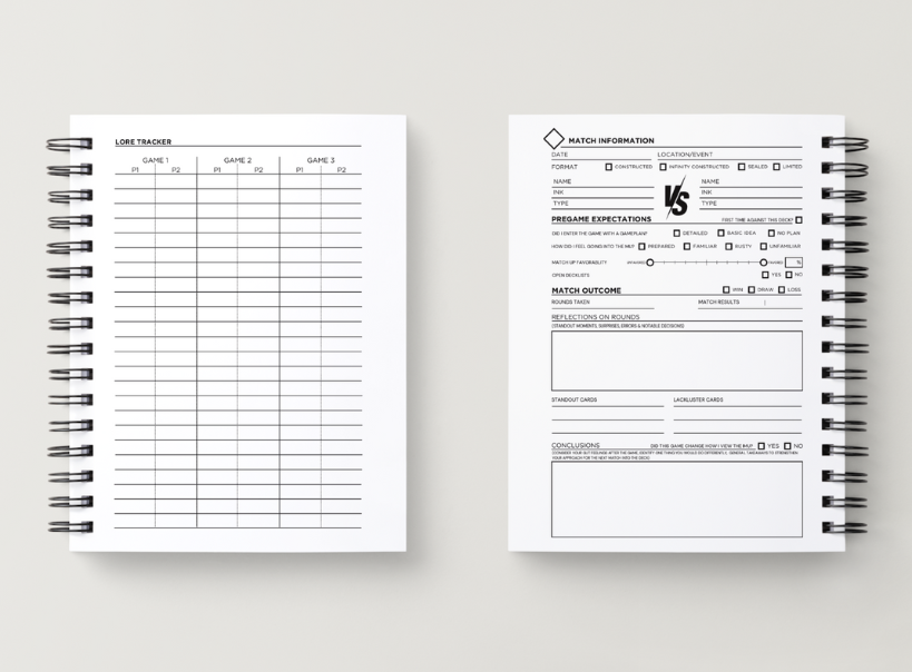 Lore Tracking and Match Review Pages from the Codex of Echoing Ink Journal, actively helping players sharpen their skills and bring light to gameplans