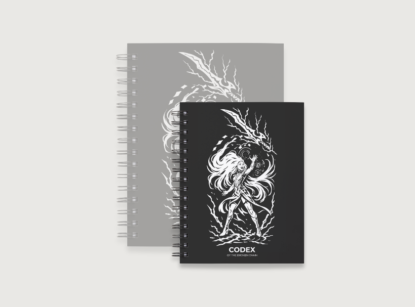 Codex of the Broken Chain – Challenger Hero Series journal Hero Inspired artwork cover and compact size for Flesh and Blood players.