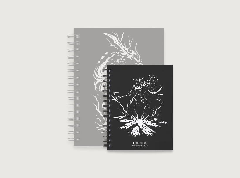 Codex of the Broken Chain – Challenger Hero Series journal Hero Inspired artwork cover and compact size for Flesh and Blood players.