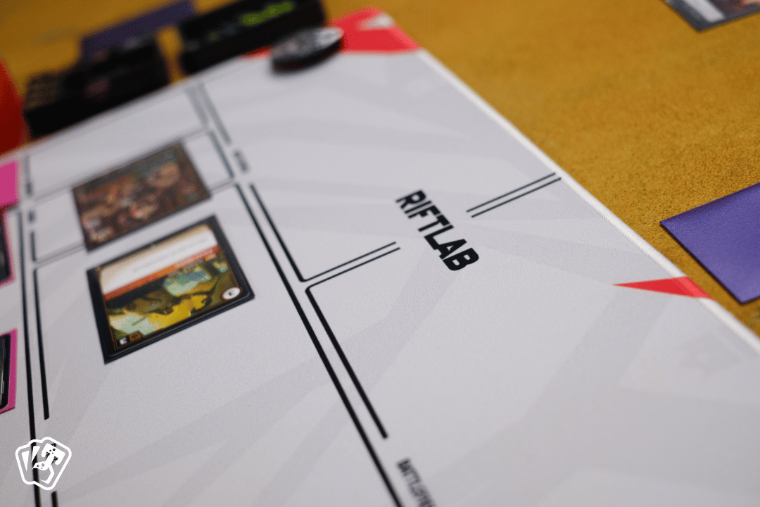 Close-up of Riftlab neoprene game mat showing stitched edges and fabric surface