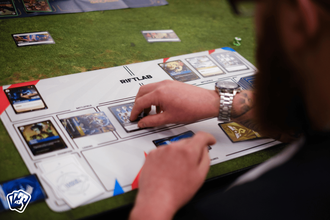Riftbound game in progress on Riftlab premium neoprene playmat