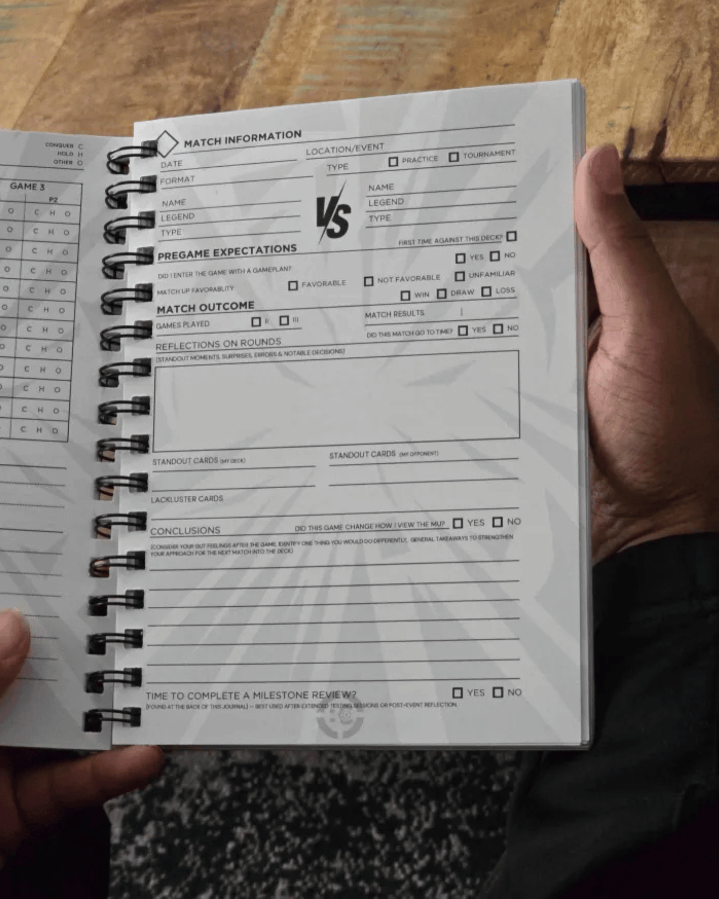 Match review page inside Codex Journal Riftbound Battlecore Edition with structured sections for analysis, reflections, and performance tracking
