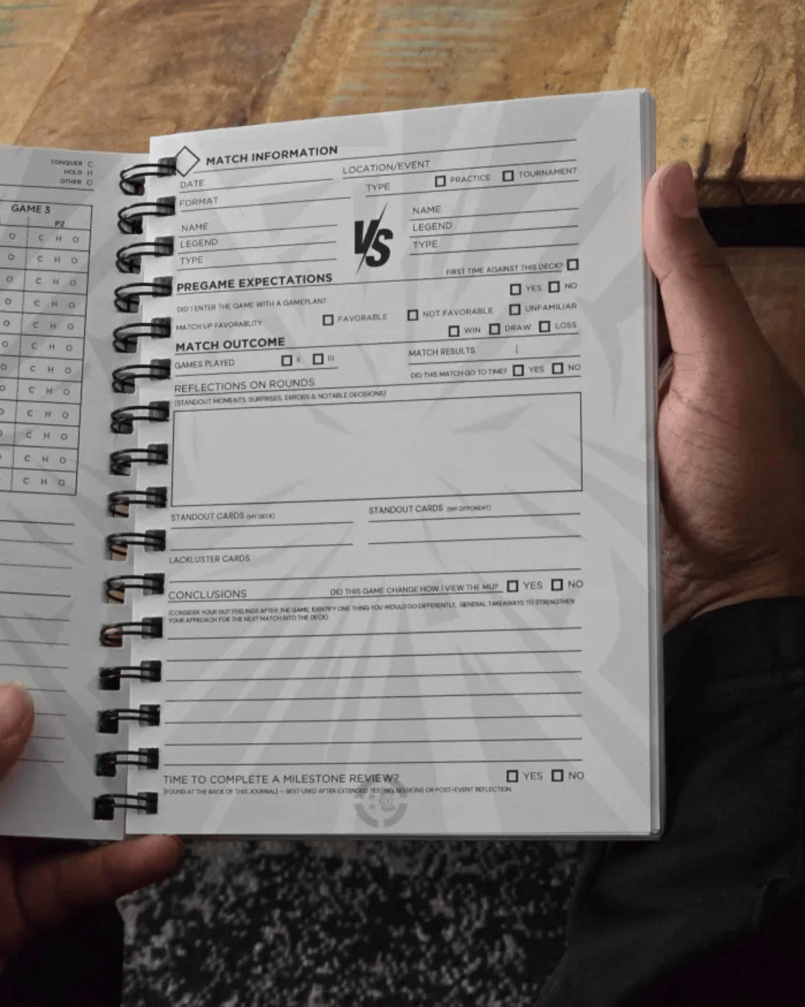 Match review page inside Codex Journal Riftbound Battlecore Edition with structured sections for analysis, reflections, and performance tracking