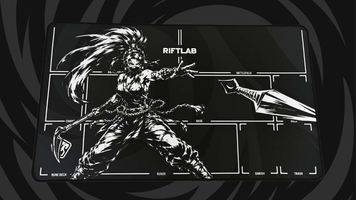 Riftlab Assassin's Mark Riftbound playmat featuring a hero-series Akali-inspired design.