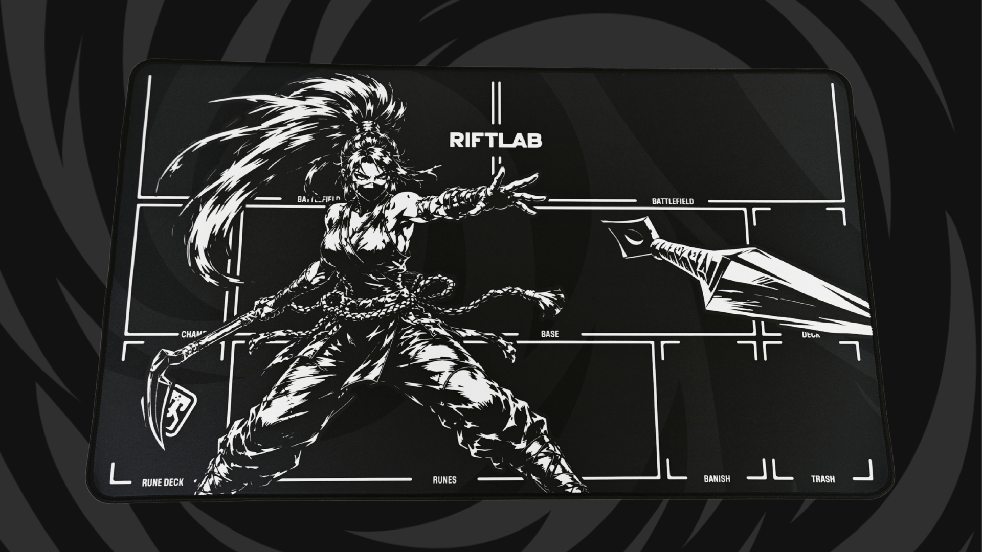 Riftlab Assassin's Mark Riftbound playmat featuring a hero-series Akali-inspired design.
