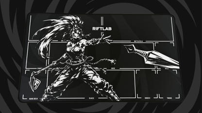 Riftlab Assassin's Mark Riftbound playmat featuring a hero-series Akali-inspired design.