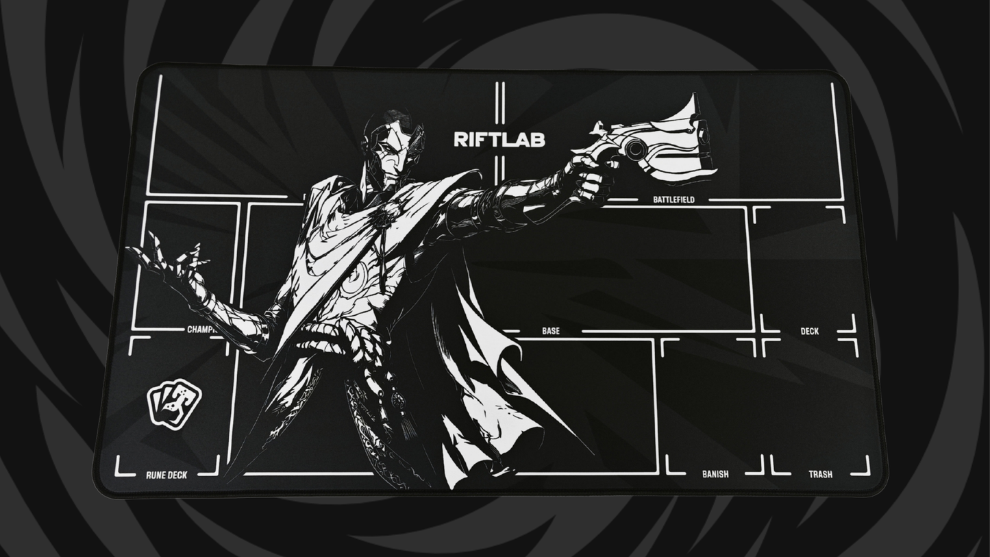 Riftlab Encore limited-edition Riftbound playmat featuring a Hero Series Jhin-inspired design.