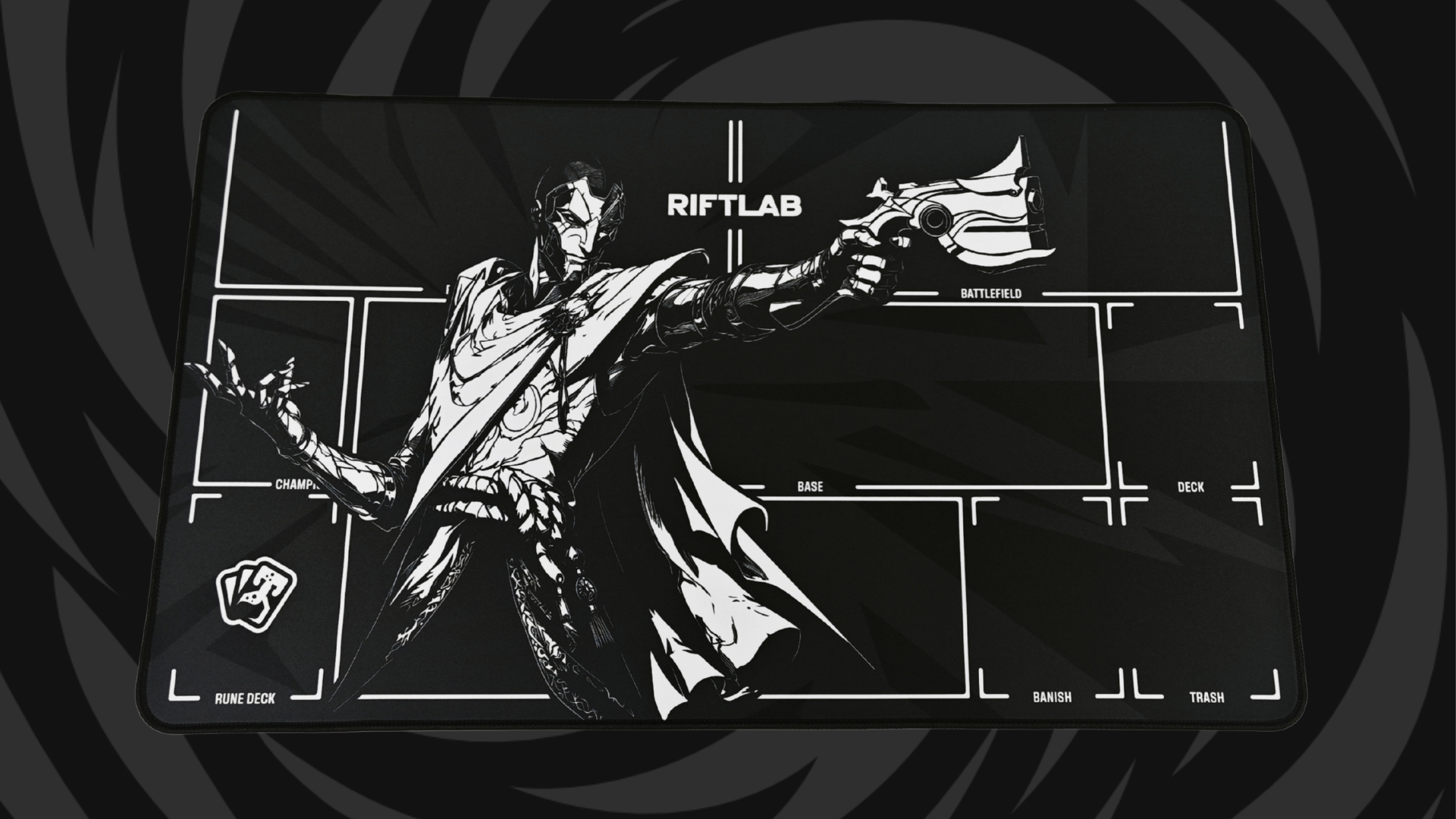 Riftlab Encore limited-edition Riftbound playmat featuring a Hero Series Jhin-inspired design.