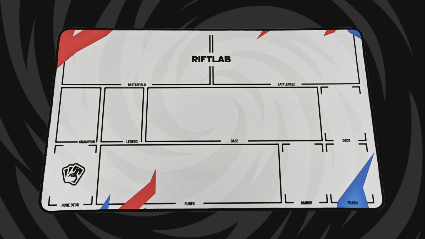 Riftlab Flow to Origin Riftbound playmat with white battlefield layout and red and blue detailing.