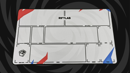Riftlab Flow to Origin Riftbound playmat with white battlefield layout and red and blue detailing.