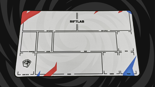 Riftlab Flow to Origin Riftbound playmat with white battlefield layout and red and blue detailing.