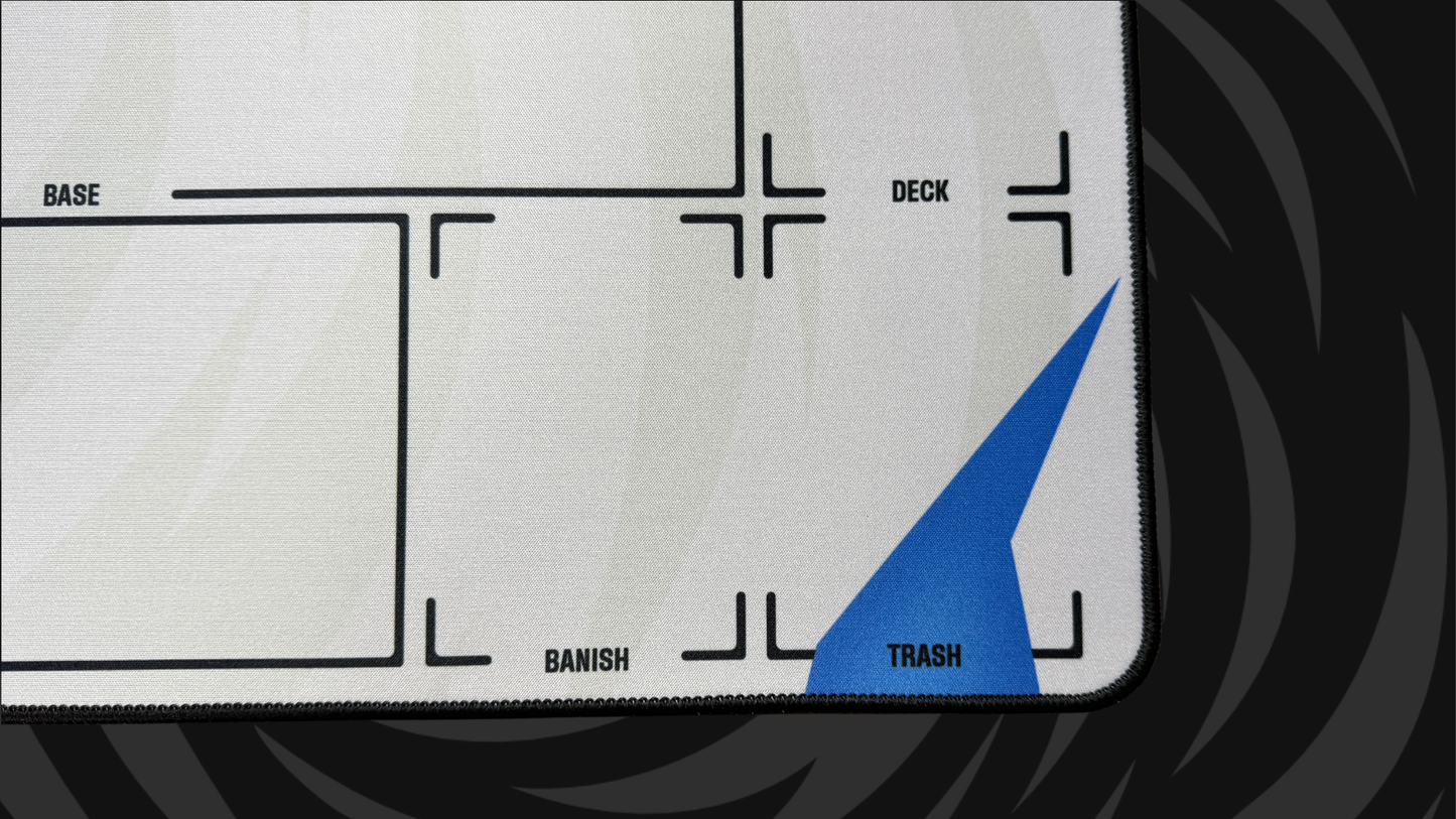 Close-up of the Banish and Trash zones on a Riftlab Riftbound playmat.