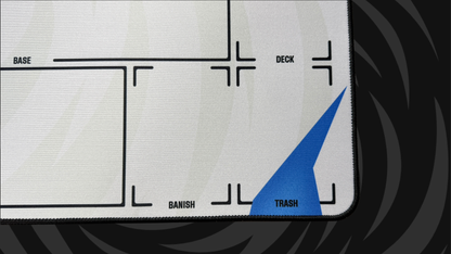 Close-up of the Banish and Trash zones on a Riftlab Riftbound playmat.